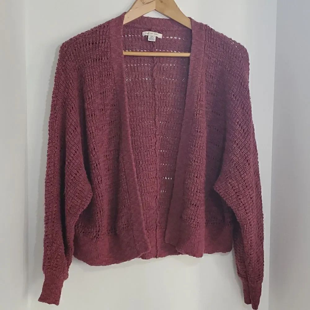 American Eagle Chunky Knit Open Front Oversize Cardigan Maroon XS